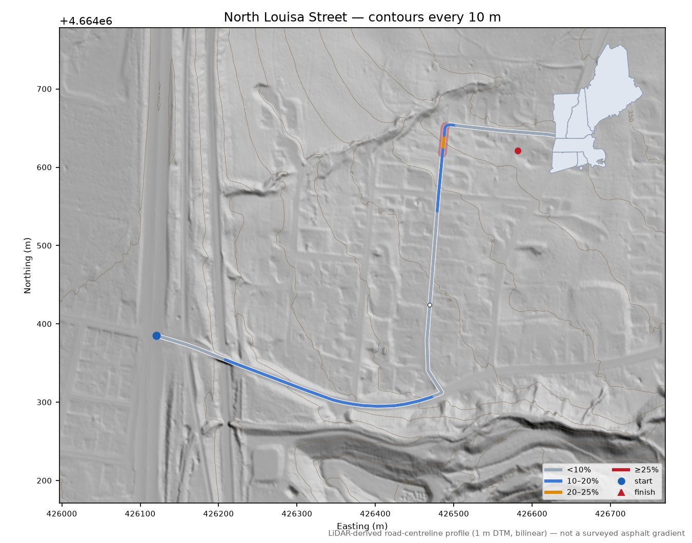 North Louisa Street LiDAR hillshade map with contours