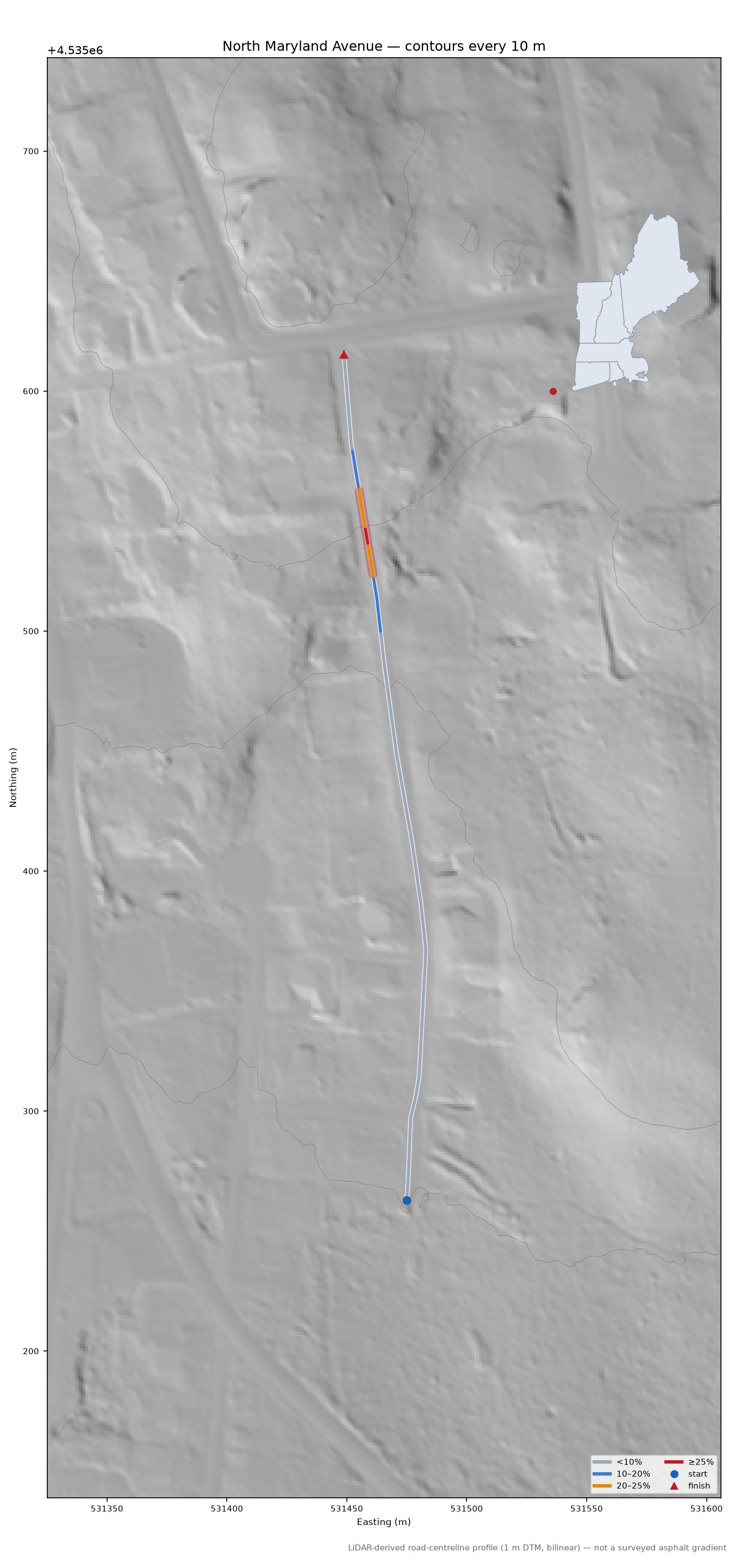North Maryland Avenue LiDAR hillshade map with contours