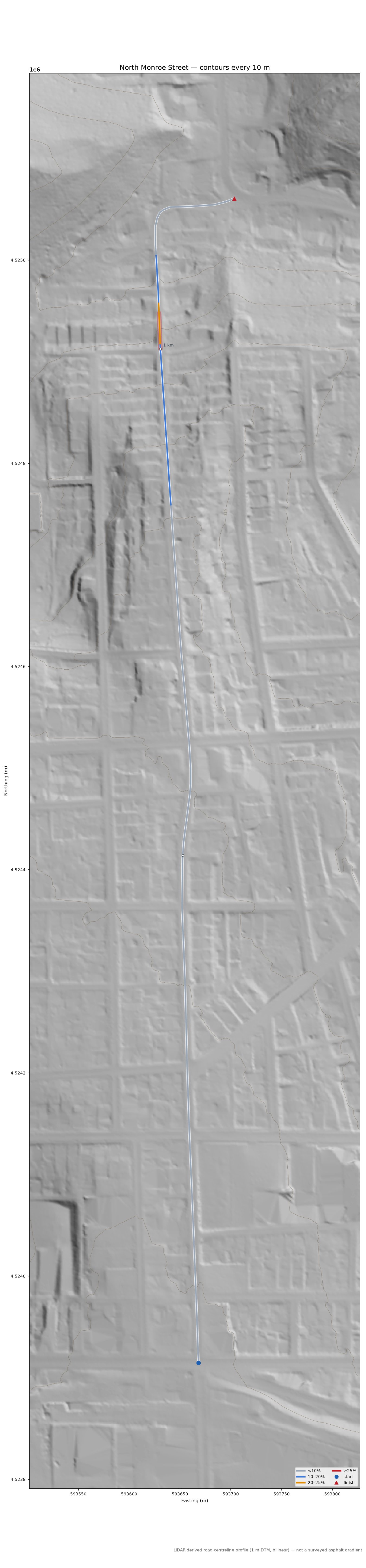 North Monroe Street LiDAR hillshade map with contours