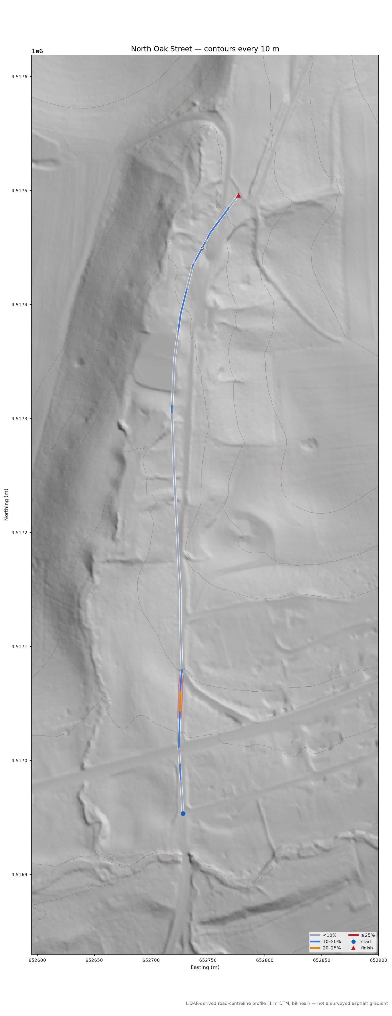 North Oak Street LiDAR hillshade map with contours