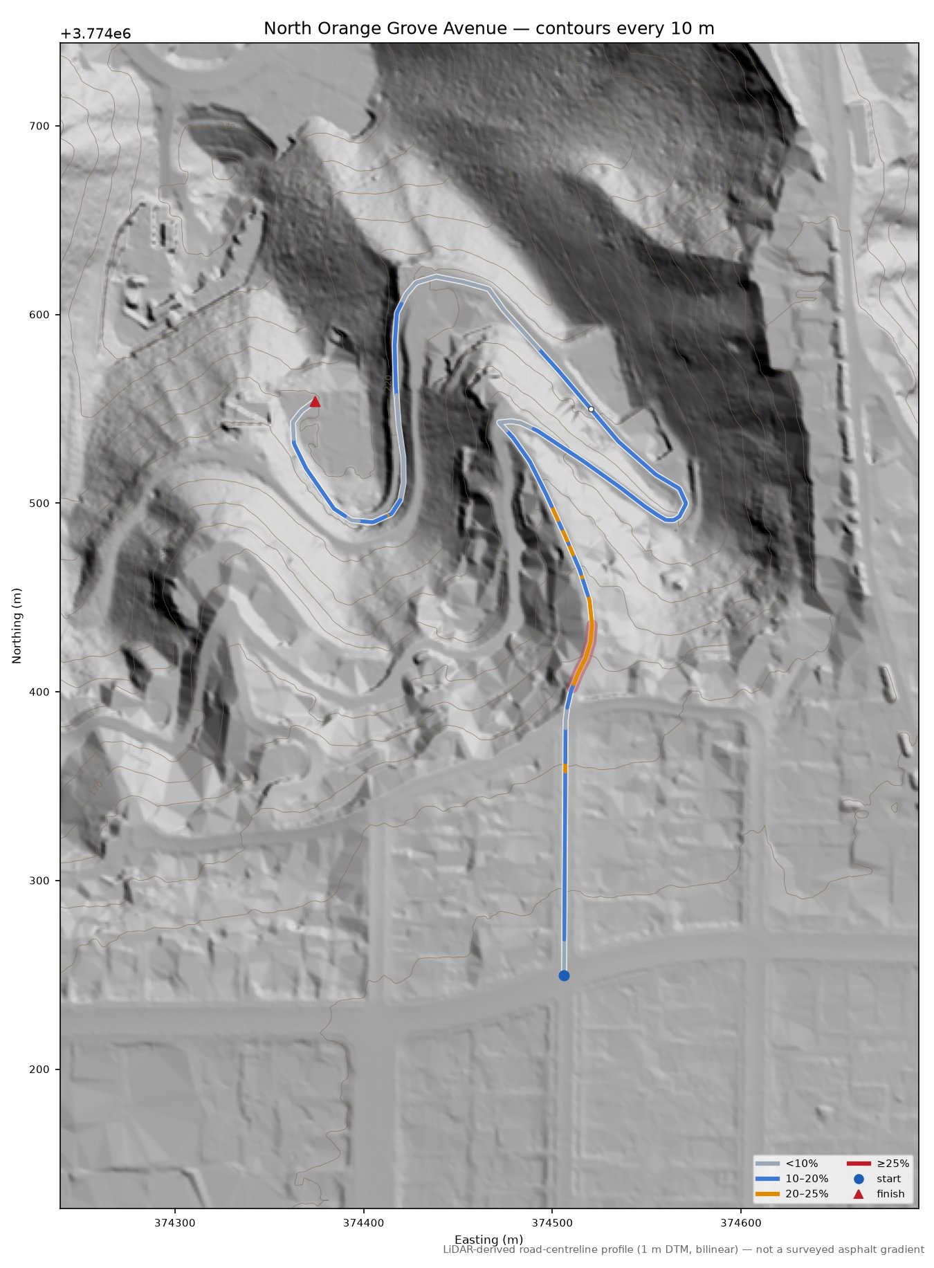 North Orange Grove Avenue LiDAR hillshade map with contours