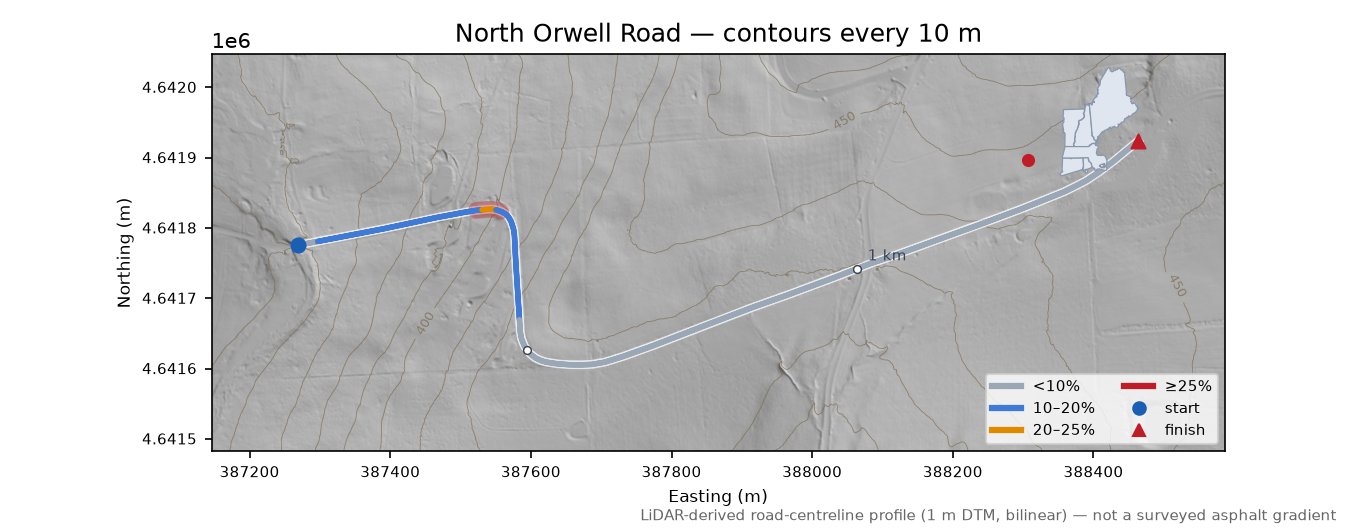 North Orwell Road LiDAR hillshade map with contours