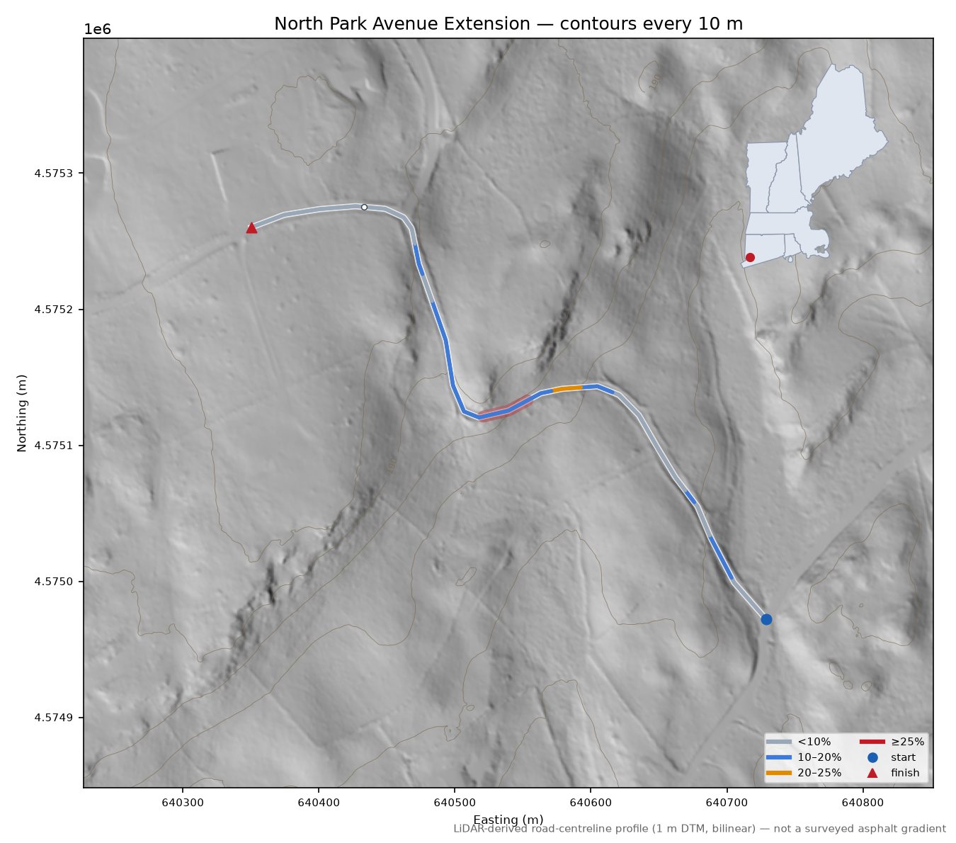 North Park Avenue Extension LiDAR hillshade map with contours