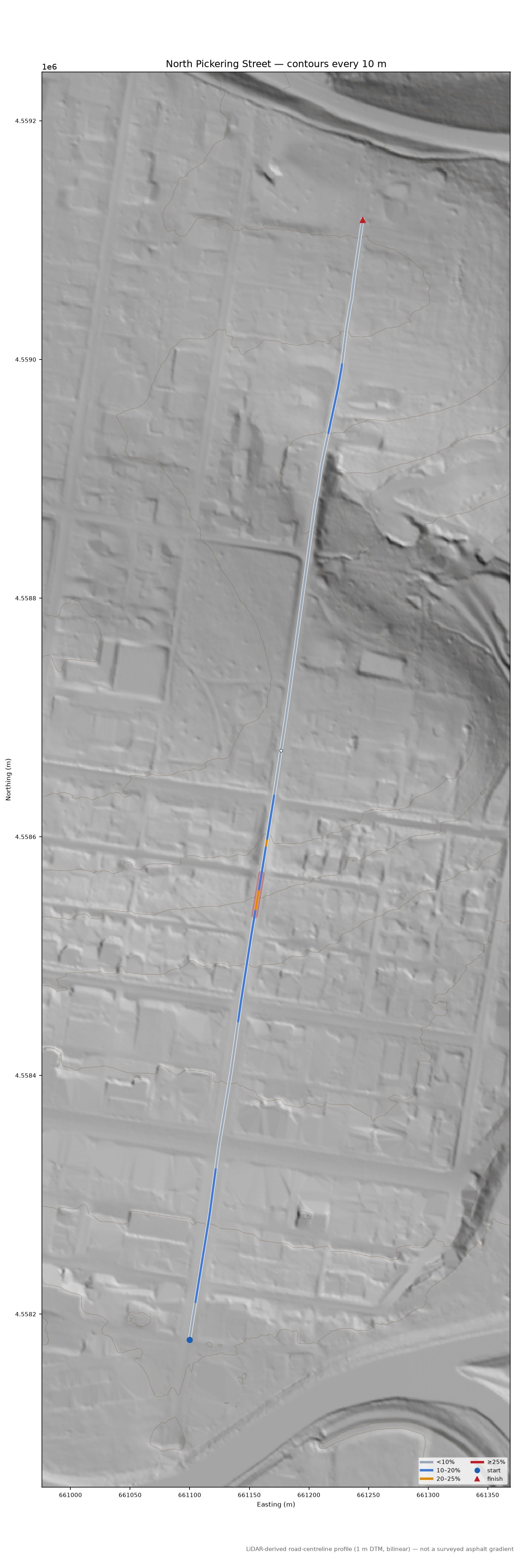 North Pickering Street LiDAR hillshade map with contours