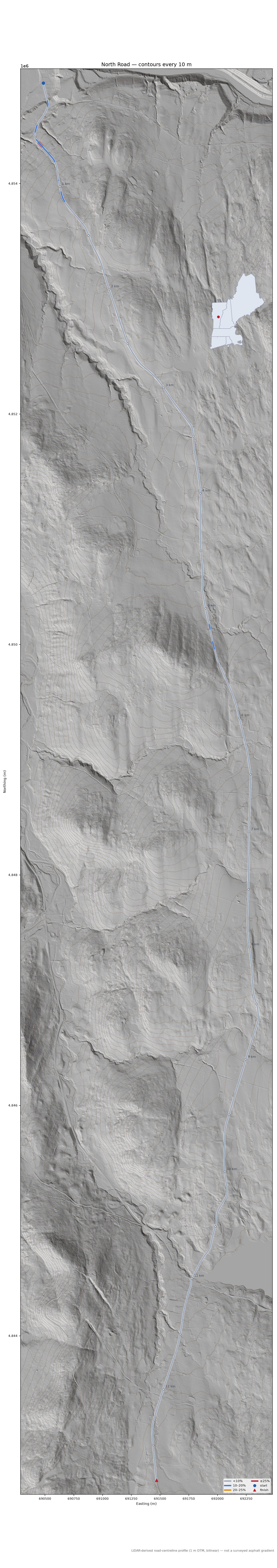 North Road LiDAR hillshade map with contours
