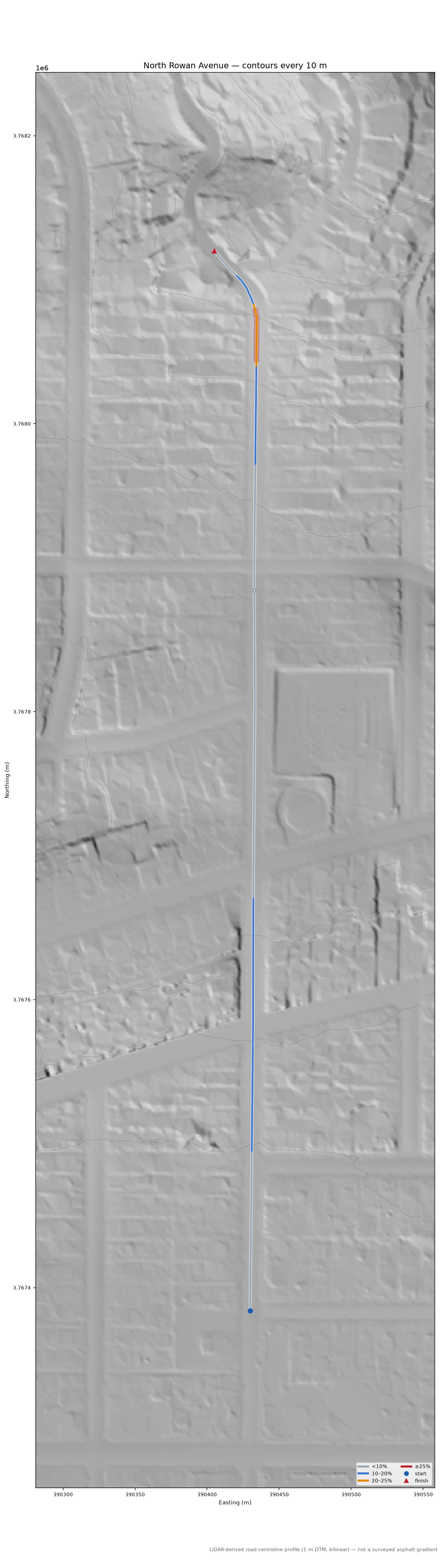 North Rowan Avenue LiDAR hillshade map with contours