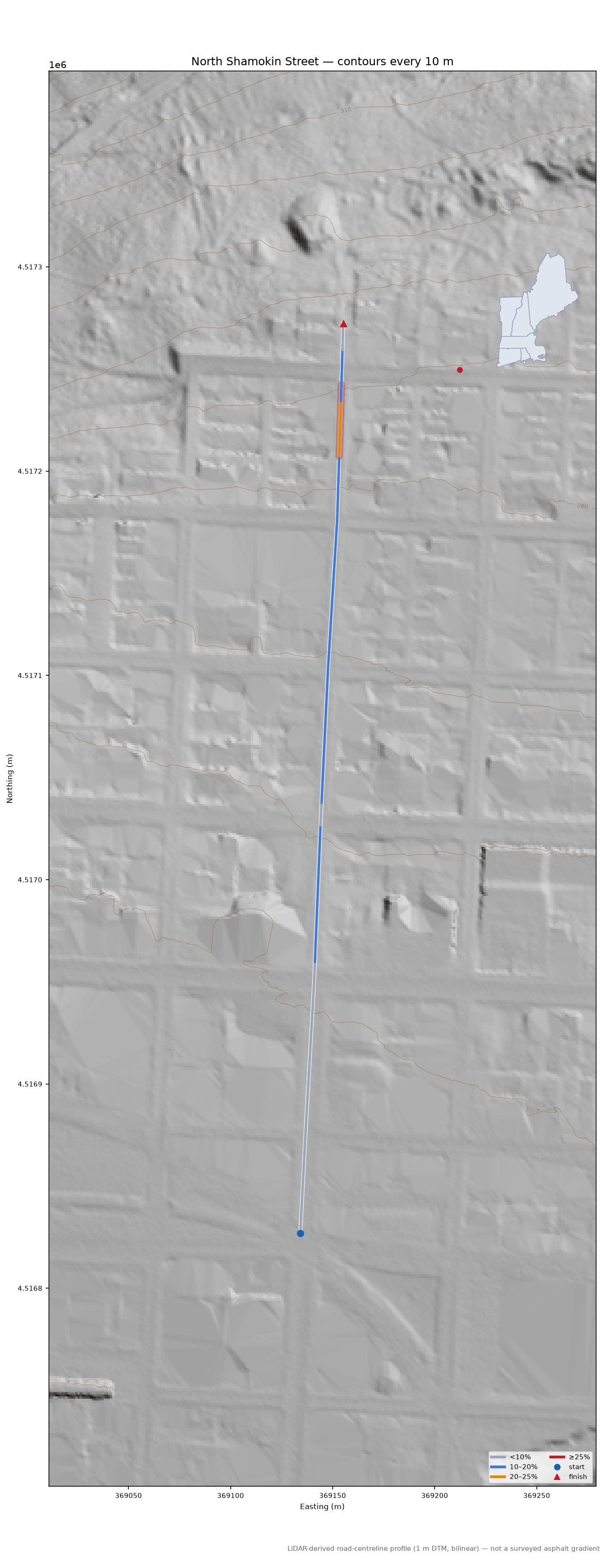 North Shamokin Street LiDAR hillshade map with contours