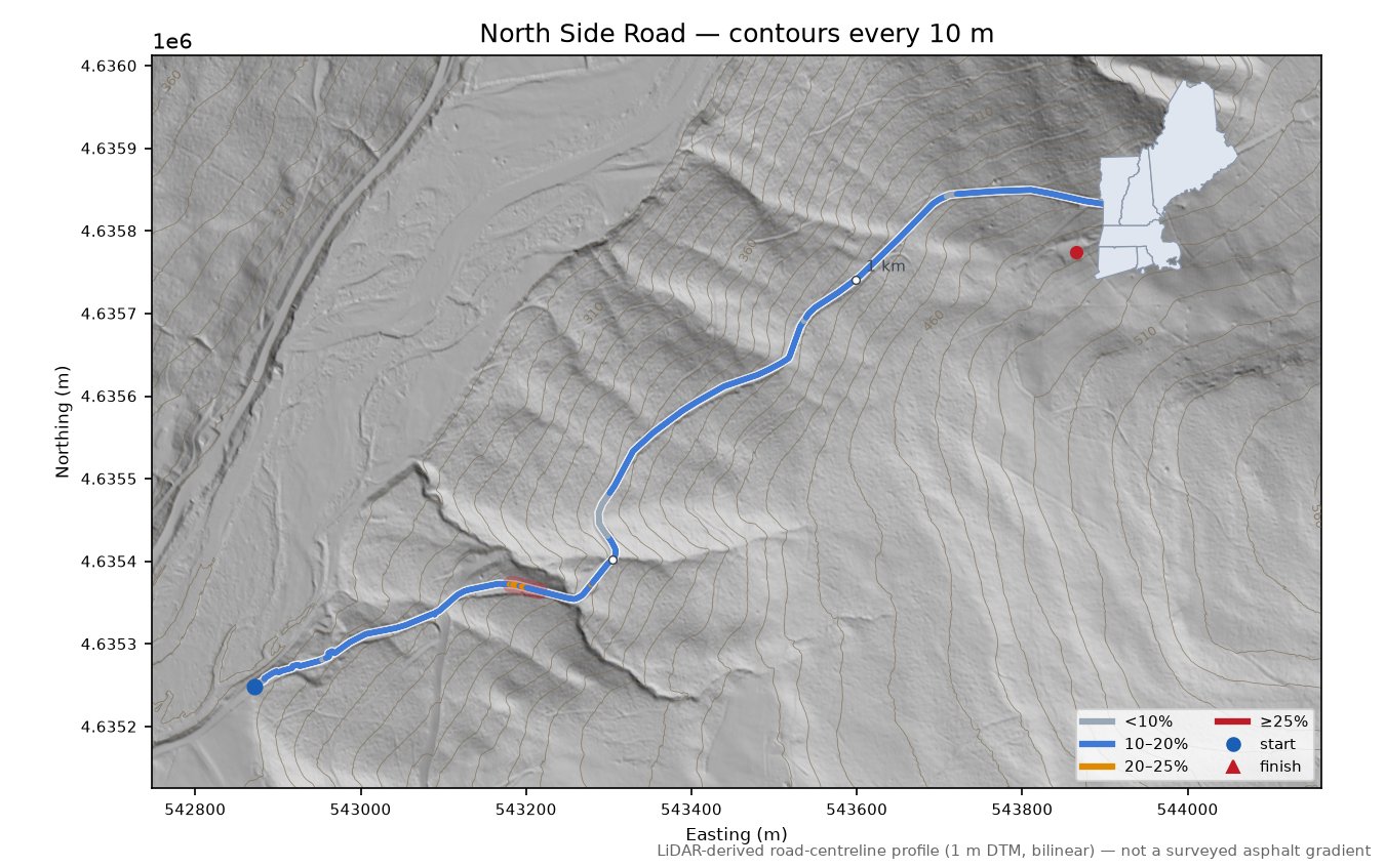 North Side Road LiDAR hillshade map with contours