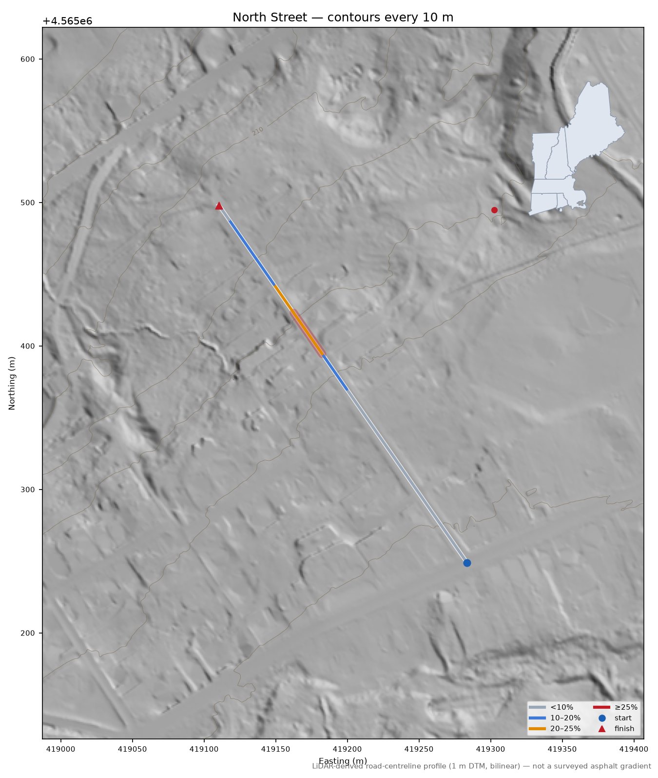 North Street LiDAR hillshade map with contours