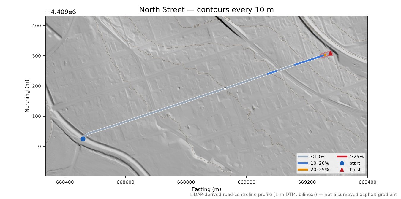 North Street LiDAR hillshade map with contours