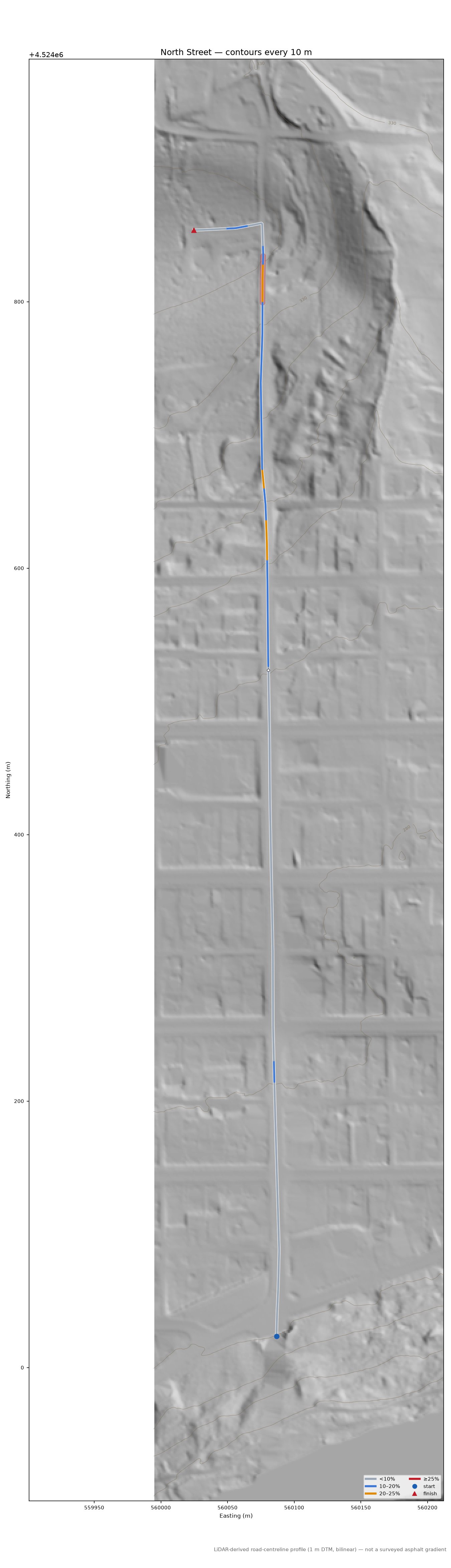 North Street LiDAR hillshade map with contours