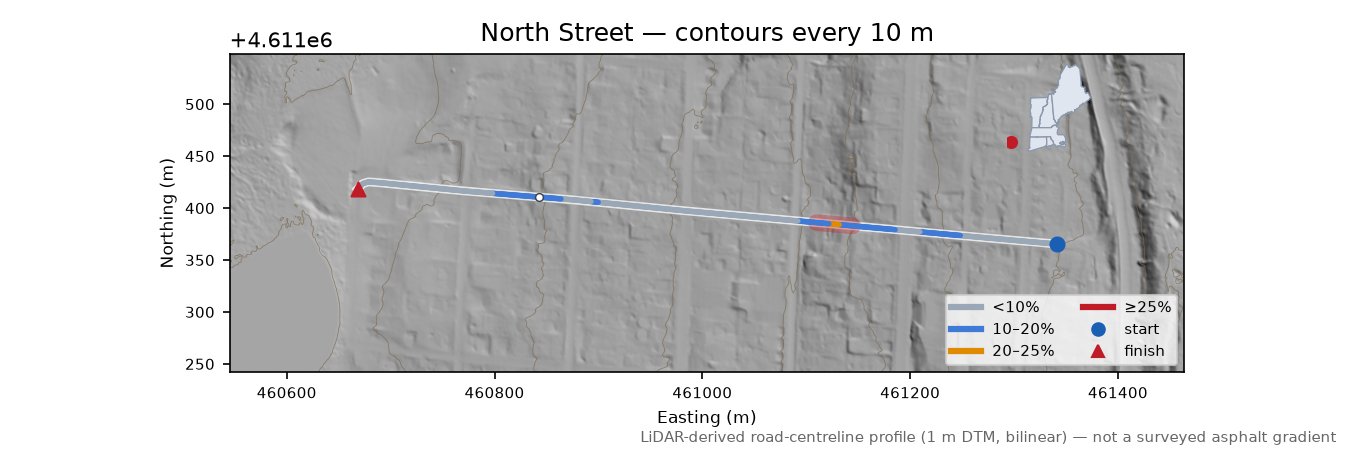 North Street LiDAR hillshade map with contours