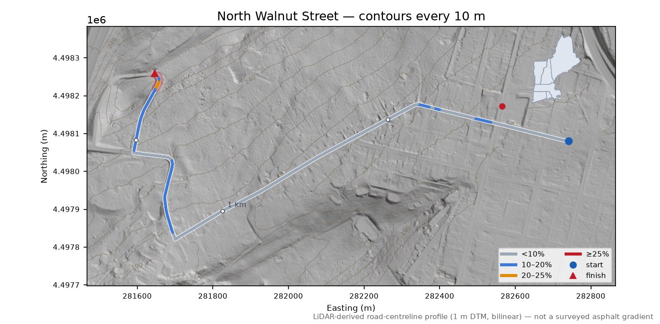 North Walnut Street LiDAR hillshade map with contours
