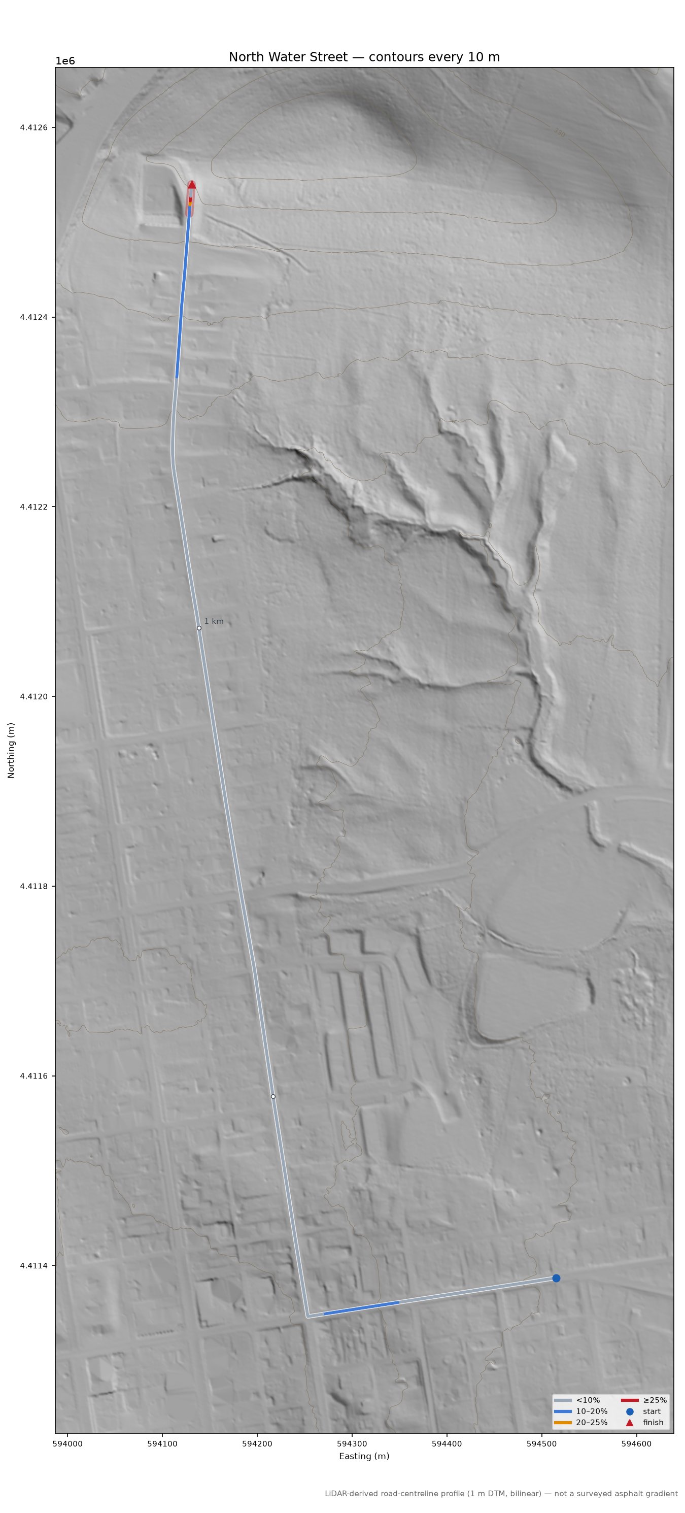 North Water Street LiDAR hillshade map with contours