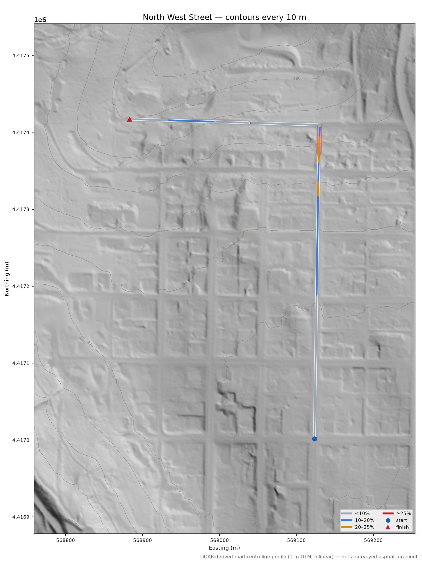North West Street LiDAR hillshade map with contours