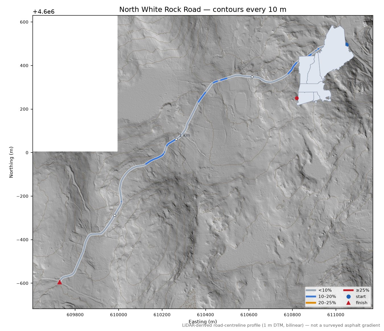 North White Rock Road LiDAR hillshade map with contours