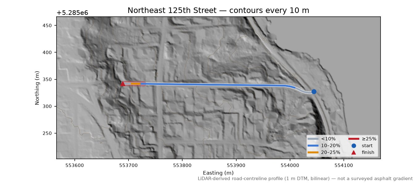 Northeast 125th Street LiDAR hillshade map with contours