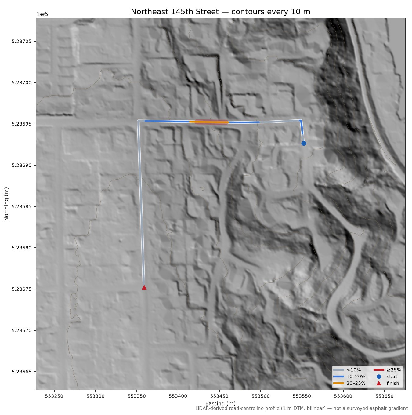 Northeast 145th Street LiDAR hillshade map with contours