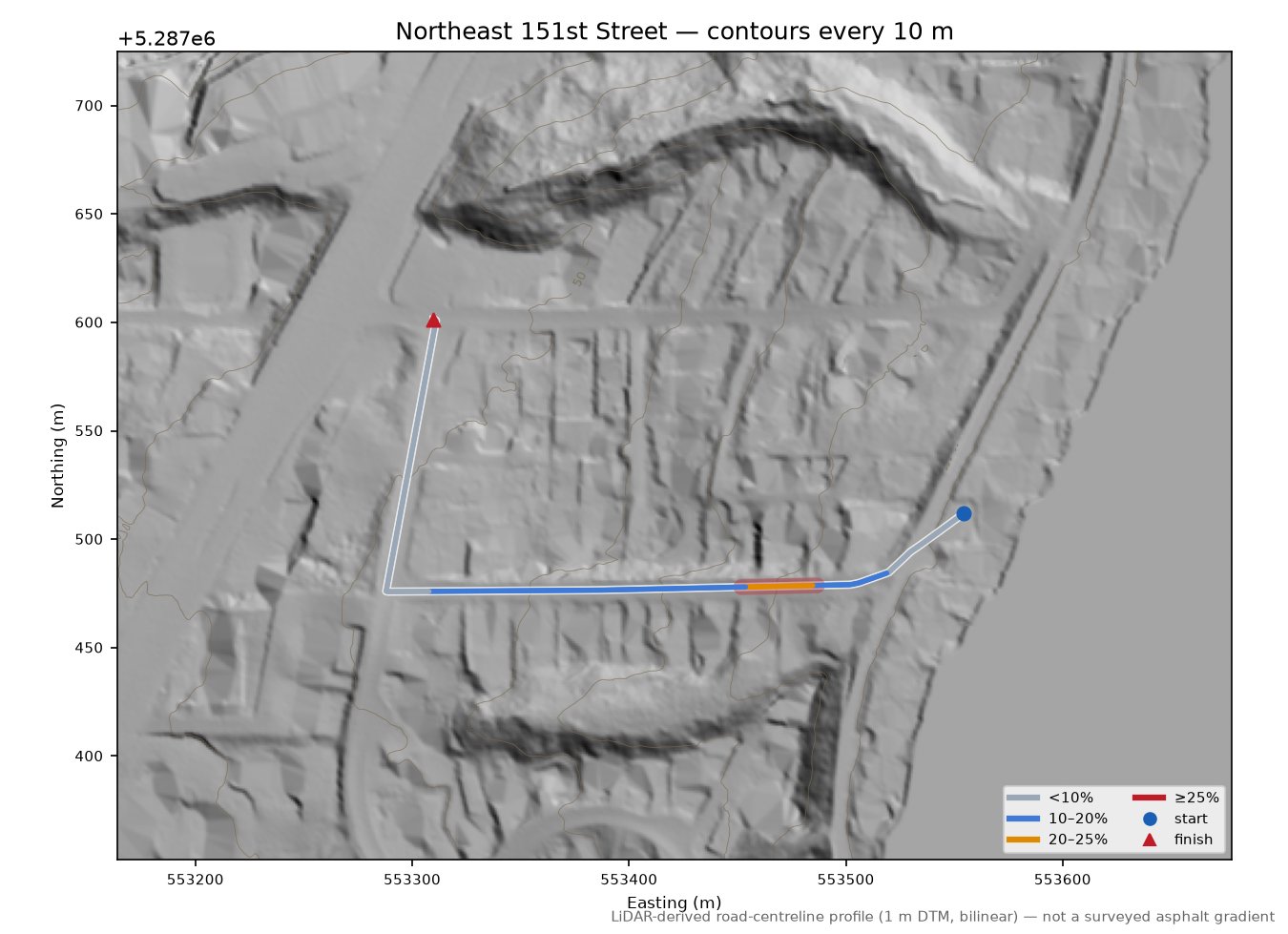 Northeast 151st Street LiDAR hillshade map with contours