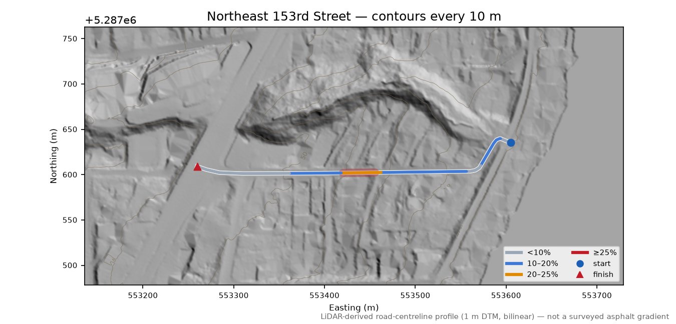 Northeast 153rd Street LiDAR hillshade map with contours