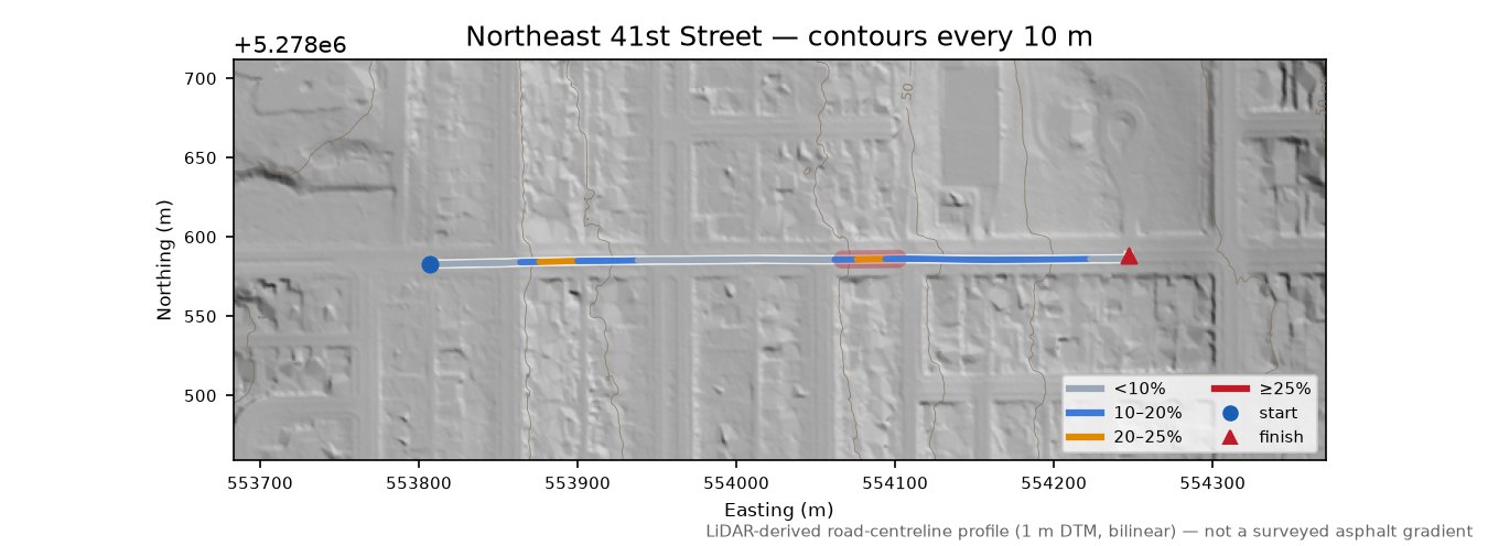 Northeast 41st Street LiDAR hillshade map with contours