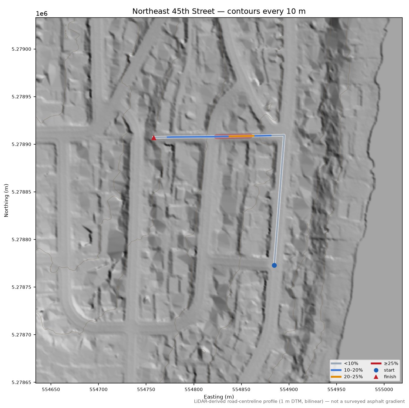Northeast 45th Street LiDAR hillshade map with contours