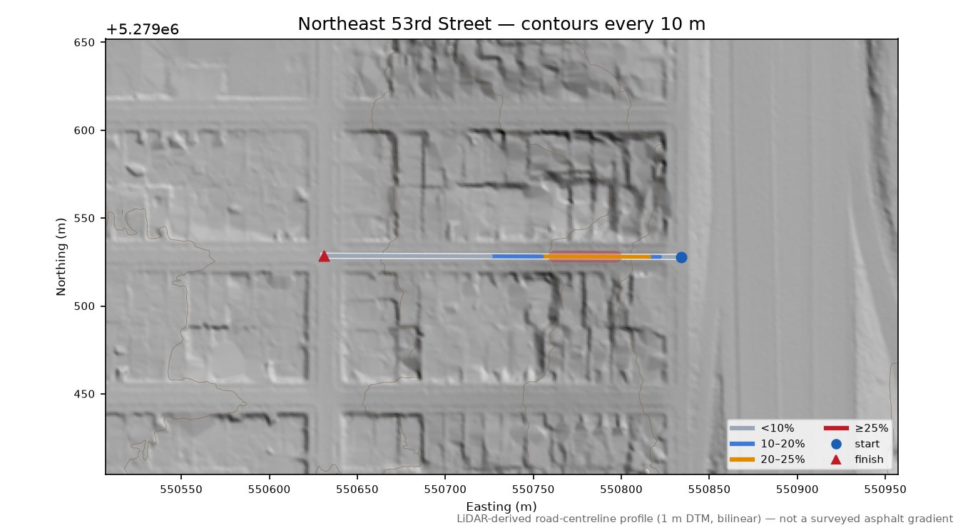 Northeast 53rd Street LiDAR hillshade map with contours