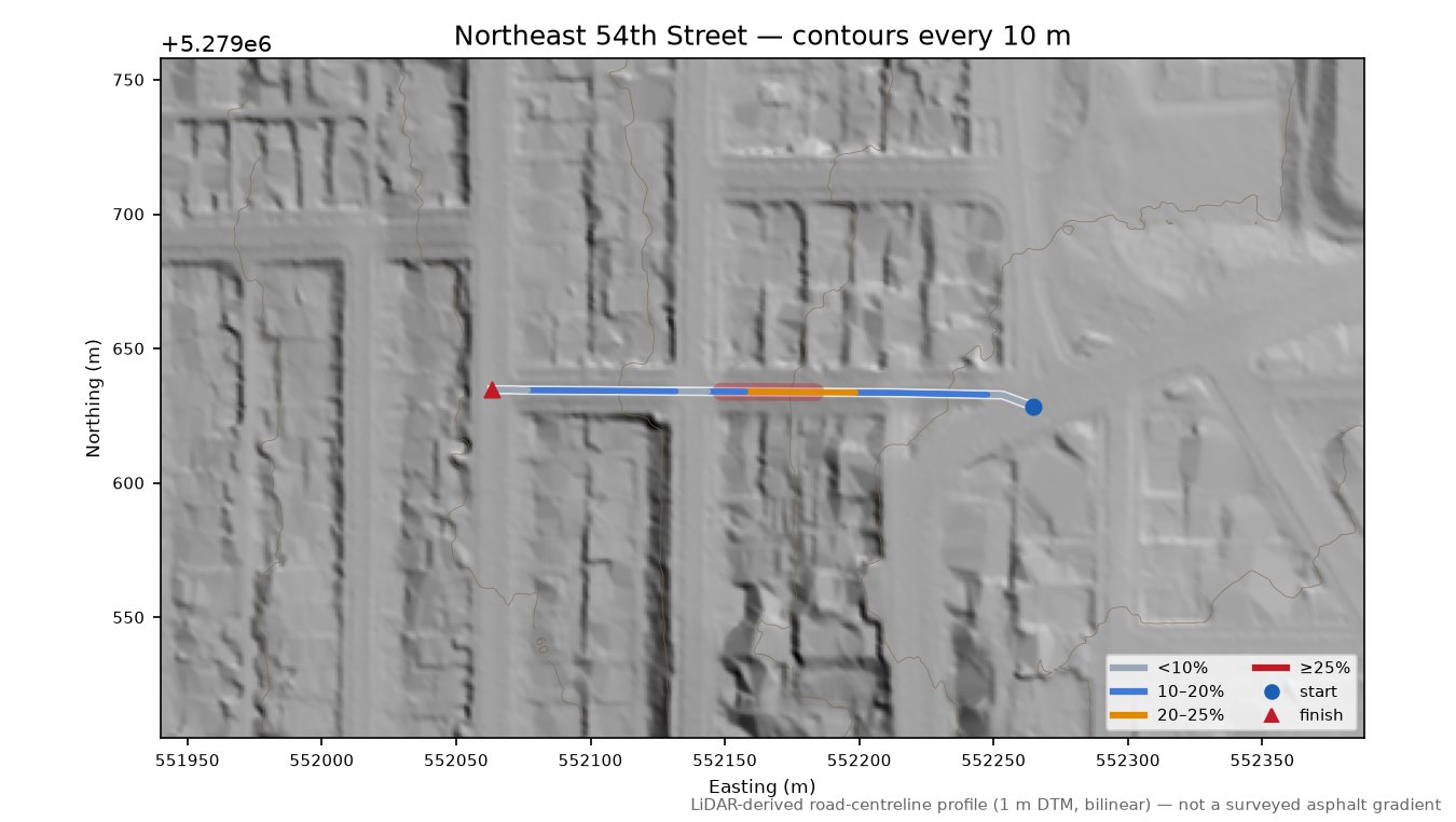 Northeast 54th Street LiDAR hillshade map with contours