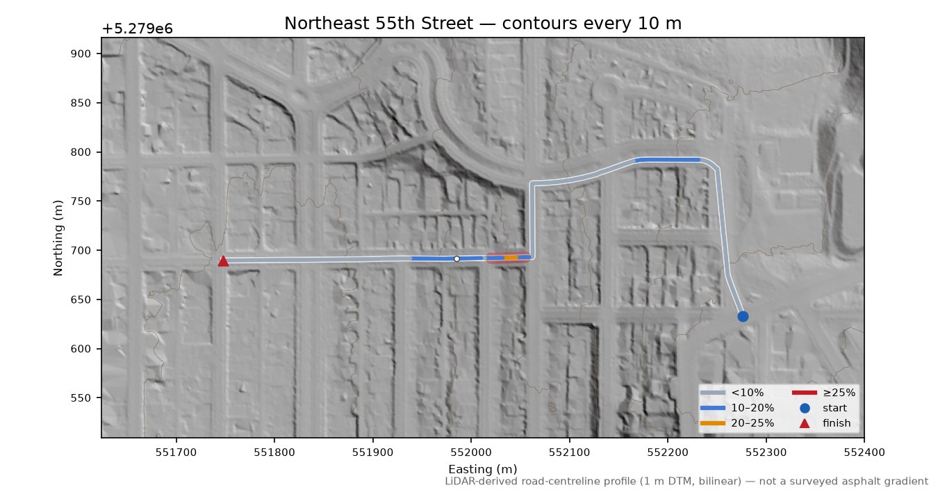 Northeast 55th Street LiDAR hillshade map with contours