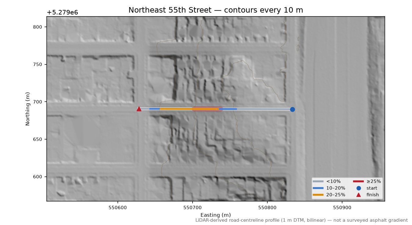 Northeast 55th Street LiDAR hillshade map with contours