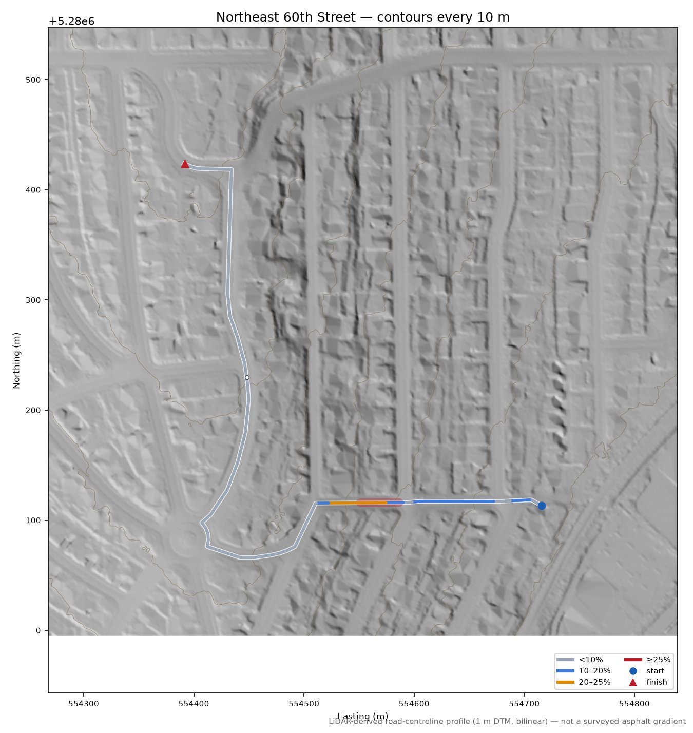 Northeast 60th Street LiDAR hillshade map with contours