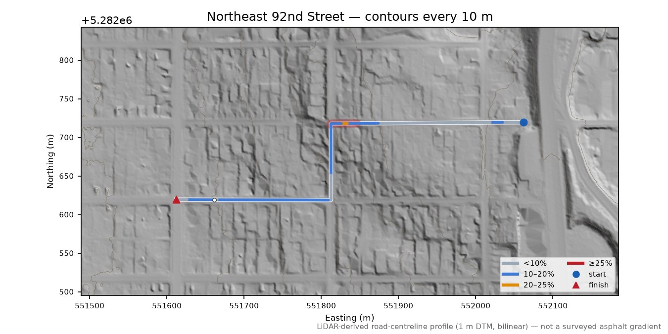 Northeast 92nd Street LiDAR hillshade map with contours