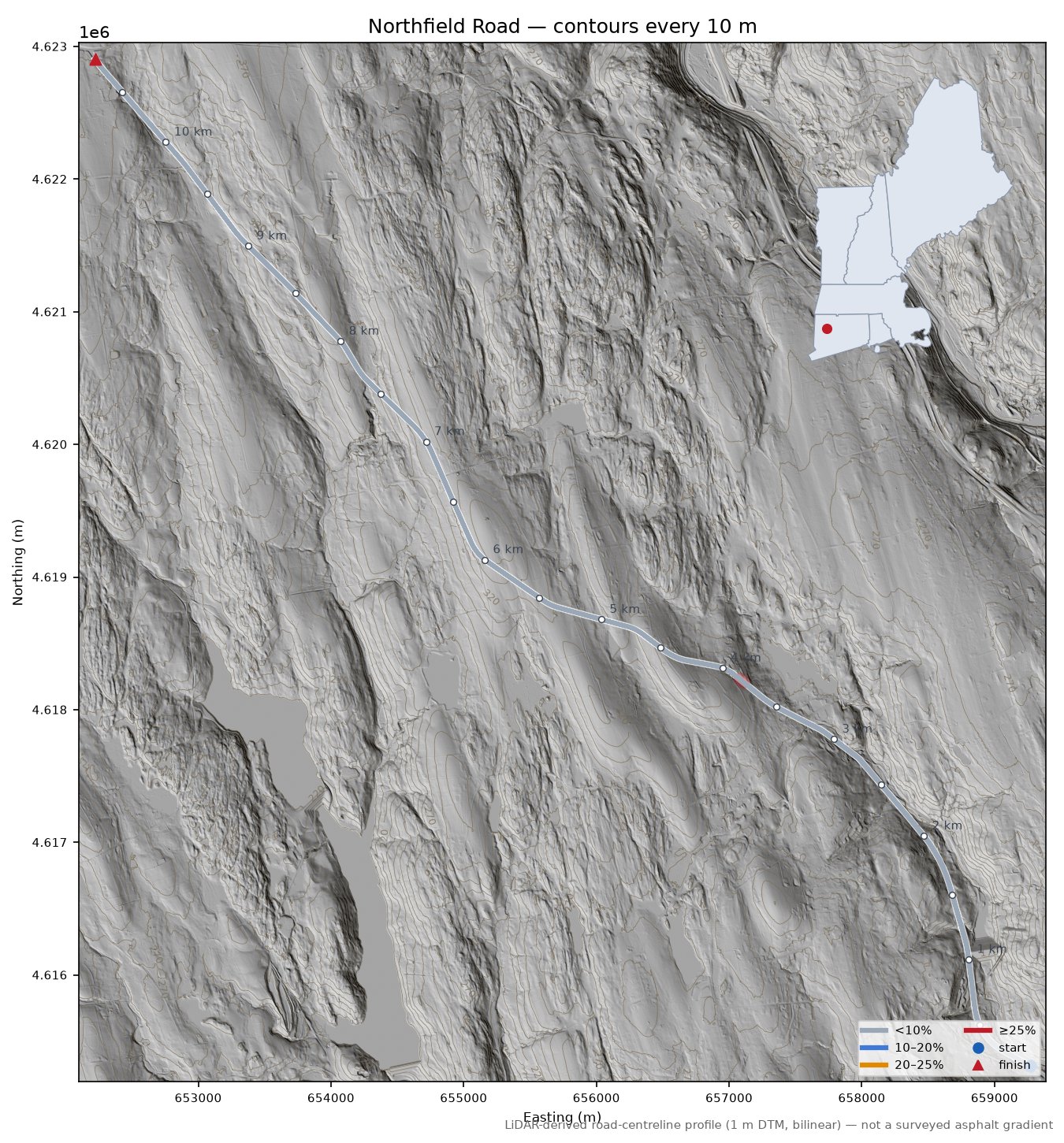 Northfield Road LiDAR hillshade map with contours