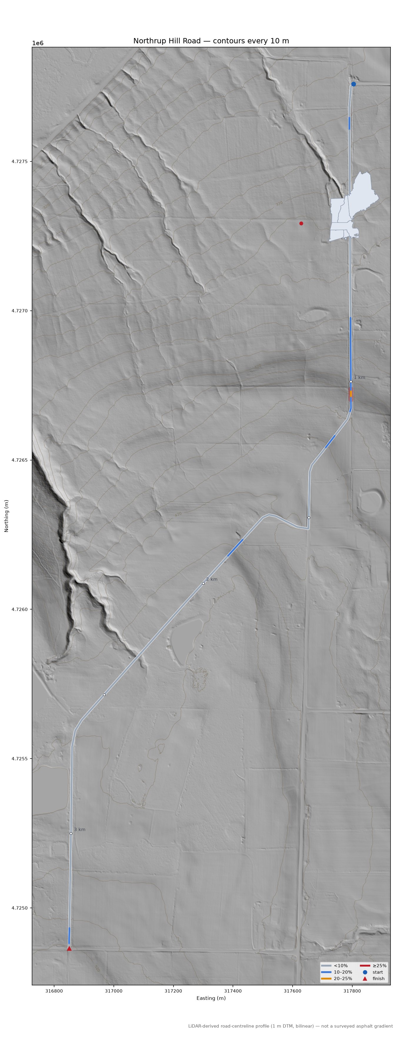 Northrup Hill Road LiDAR hillshade map with contours