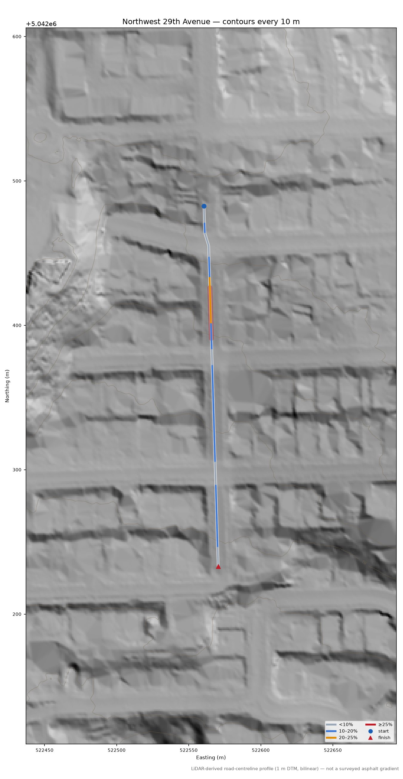 Northwest 29th Avenue LiDAR hillshade map with contours