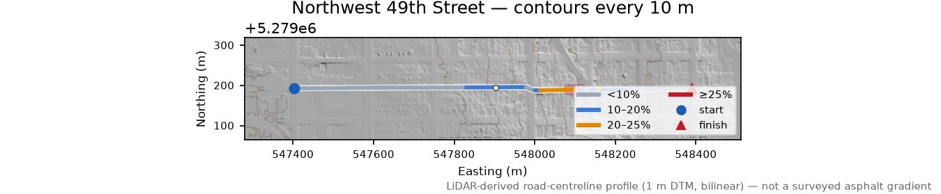 Northwest 49th Street LiDAR hillshade map with contours