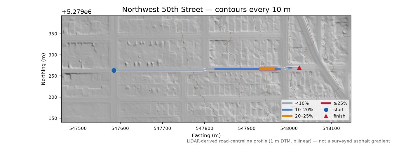 Northwest 50th Street LiDAR hillshade map with contours