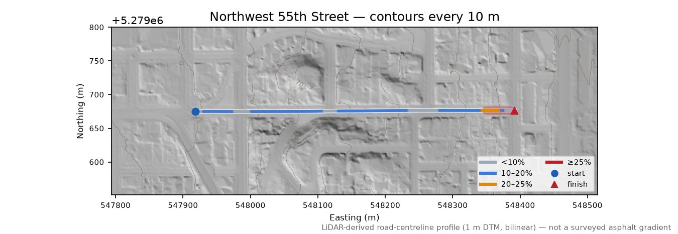 North 55th Street LiDAR hillshade map with contours