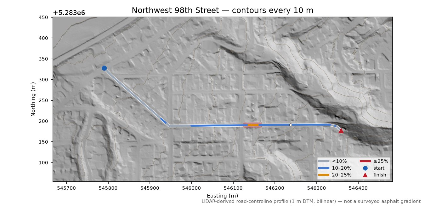 Northwest 98th Street LiDAR hillshade map with contours