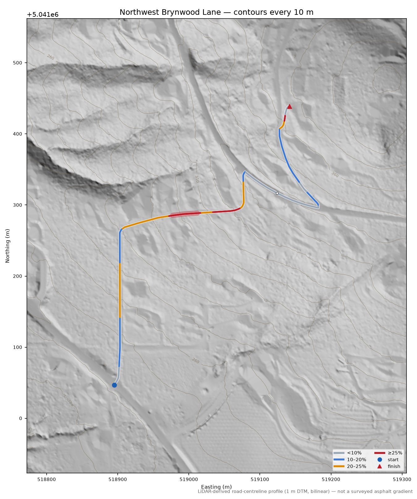Northwest Brynwood Lane LiDAR hillshade map with contours