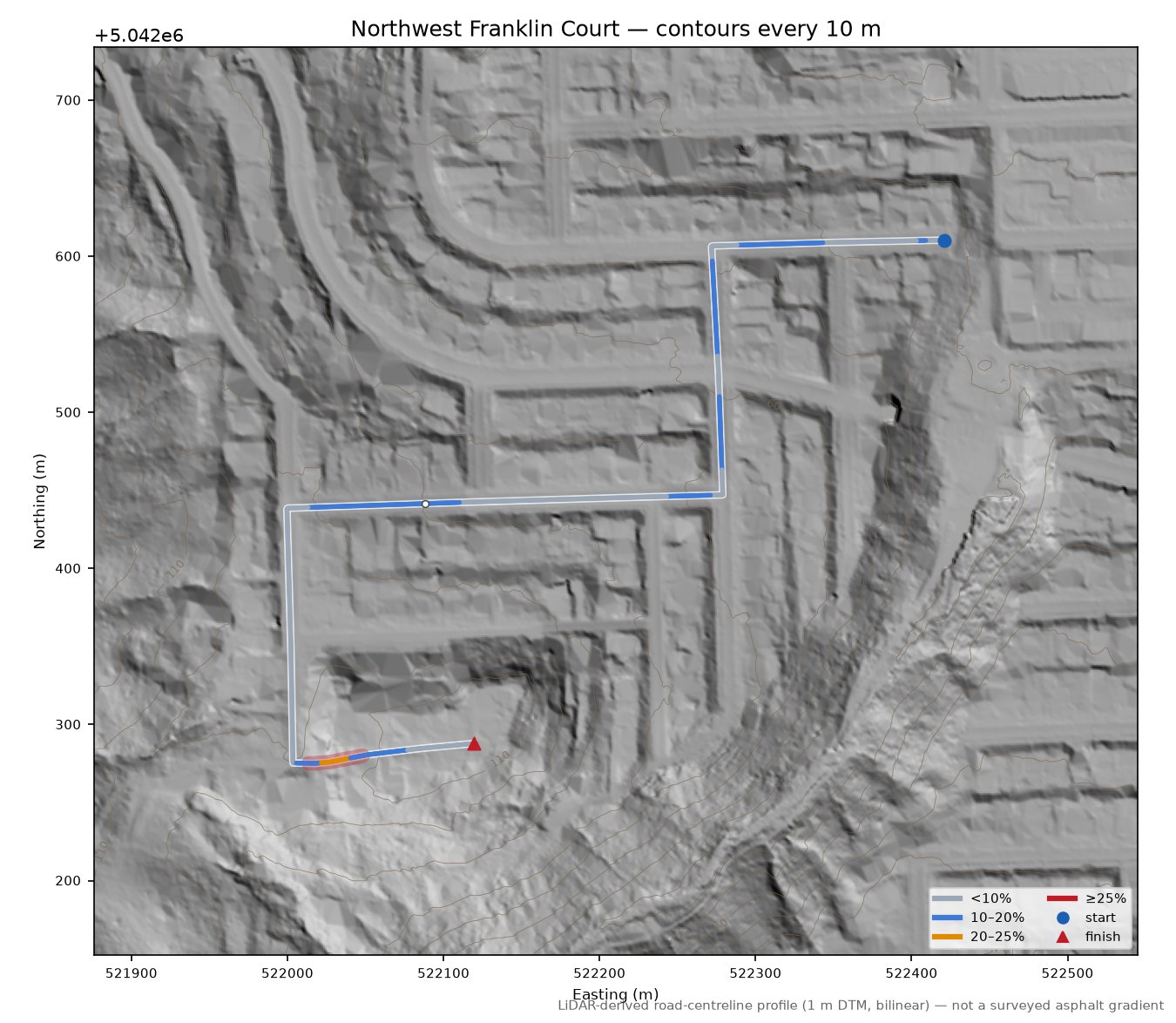 Northwest Franklin Court LiDAR hillshade map with contours