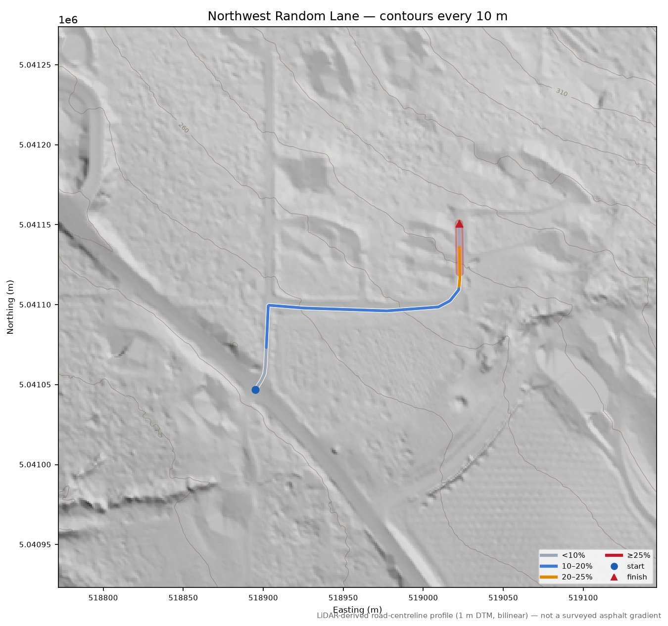 Northwest Random Lane LiDAR hillshade map with contours