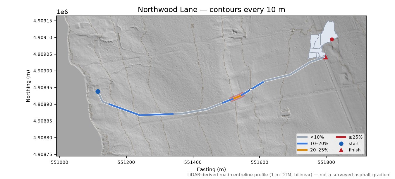 Northwood Lane LiDAR hillshade map with contours