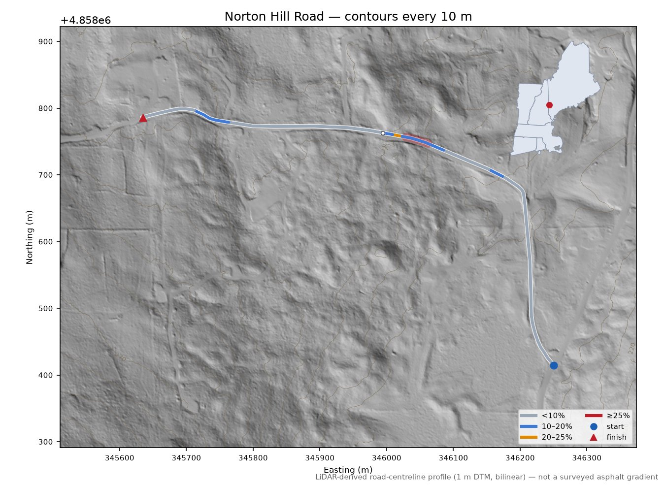 Norton Hill Road LiDAR hillshade map with contours