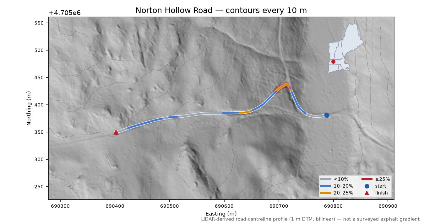 Norton Hollow Road LiDAR hillshade map with contours