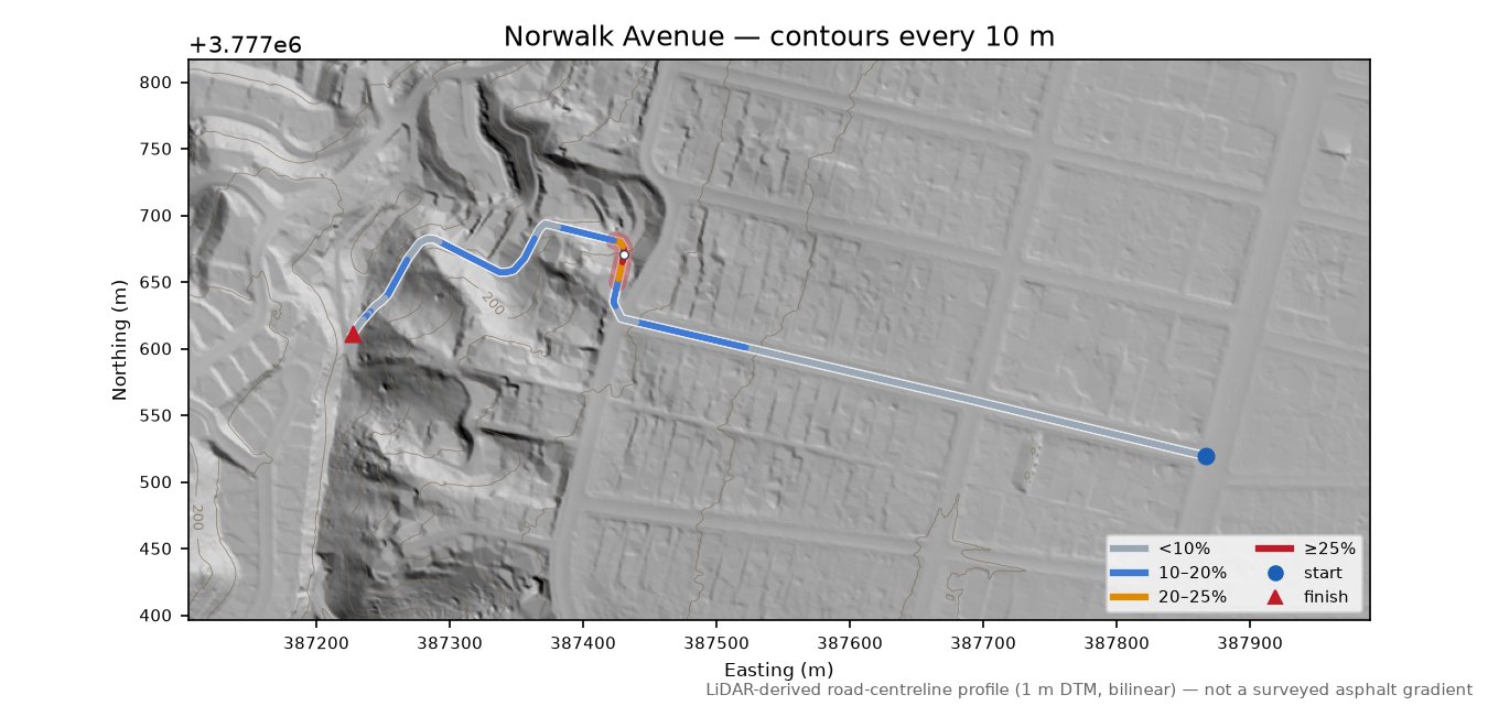 Norwalk Avenue LiDAR hillshade map with contours