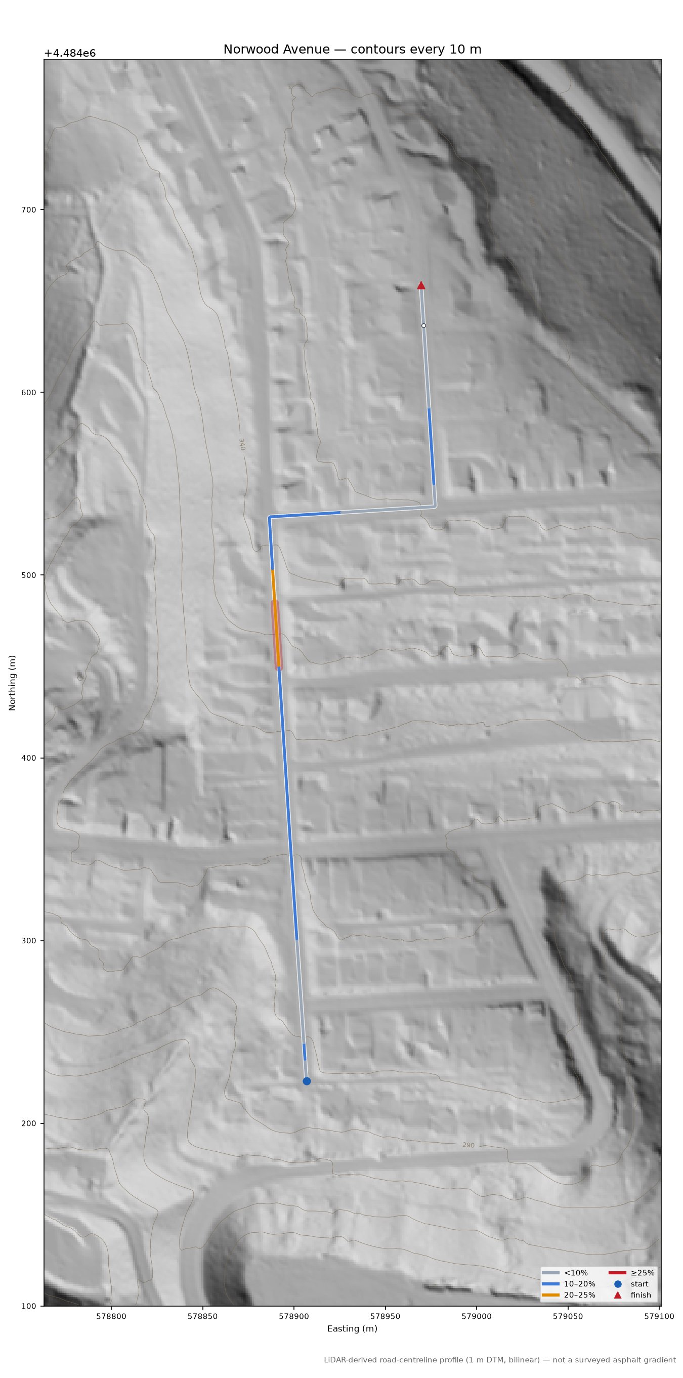 Norwood Avenue LiDAR hillshade map with contours