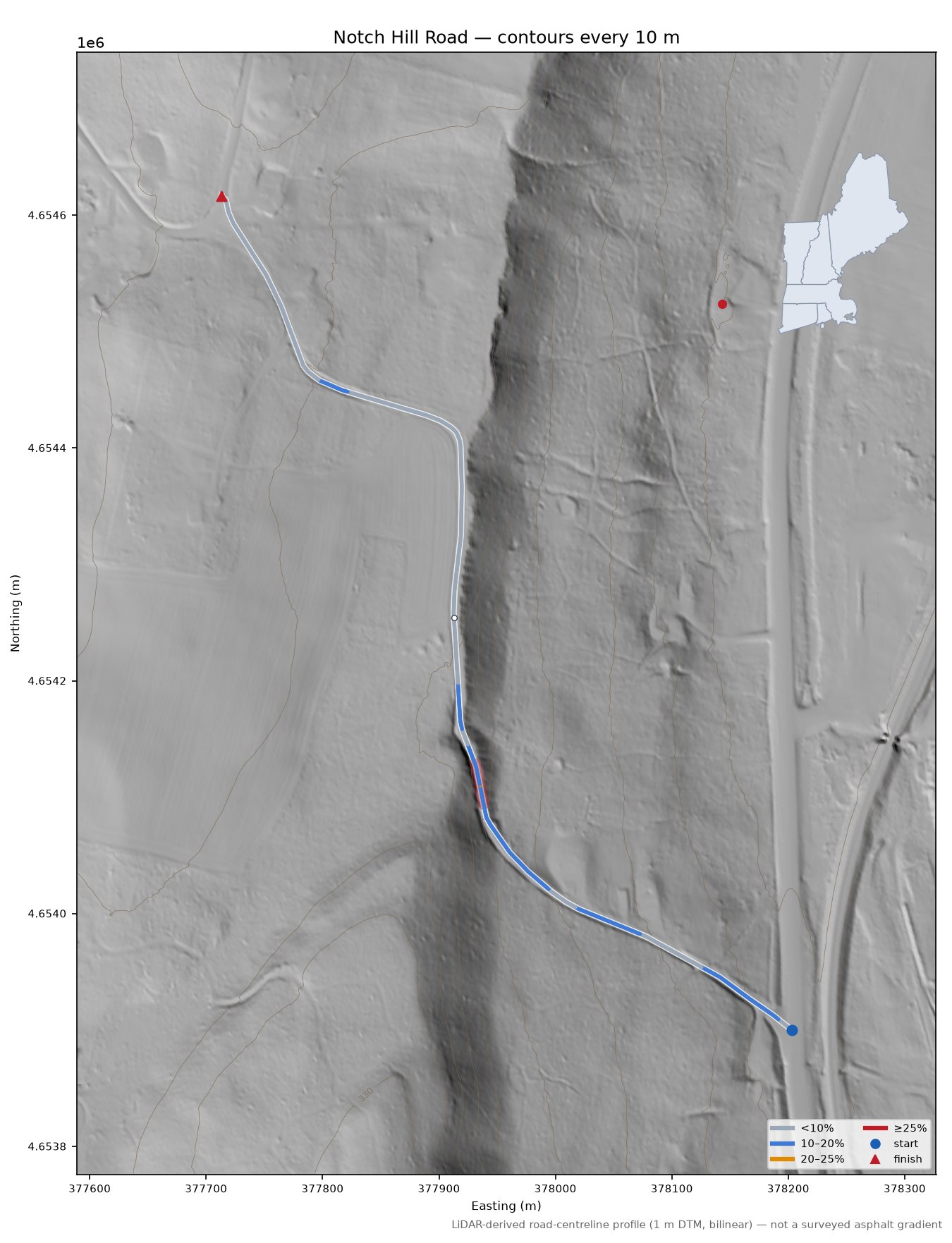 Notch Hill Road LiDAR hillshade map with contours