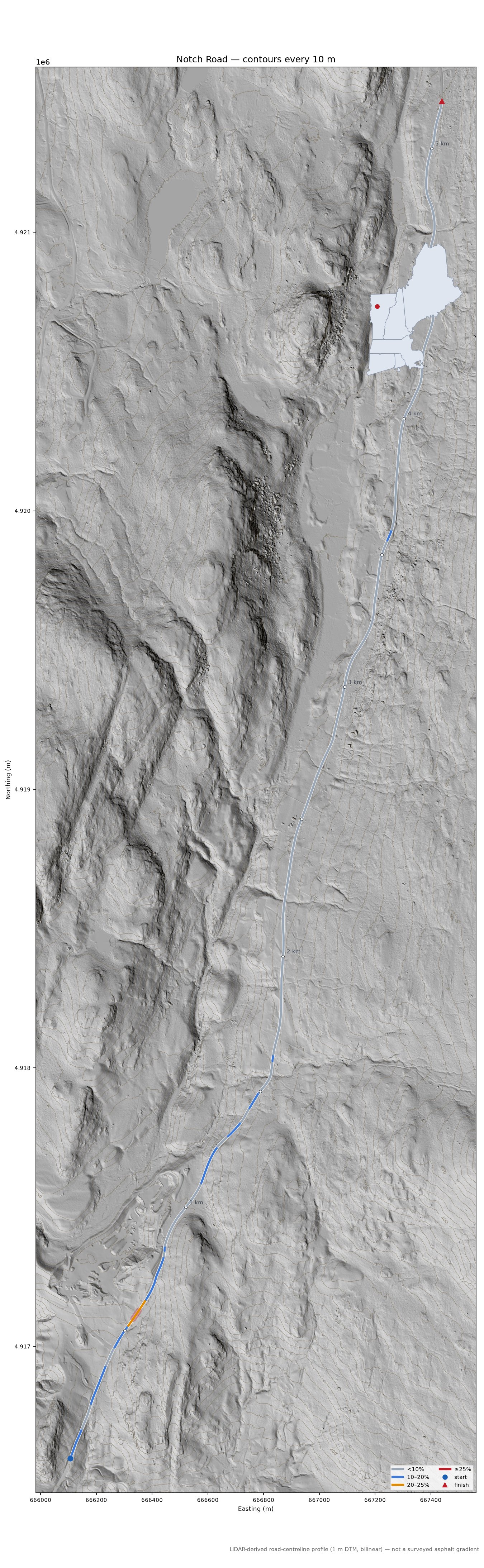 Notch Road LiDAR hillshade map with contours