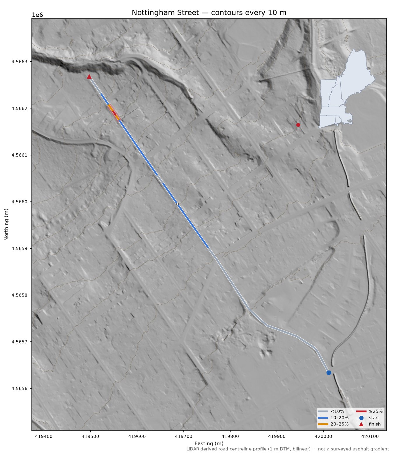 Nottingham Street LiDAR hillshade map with contours